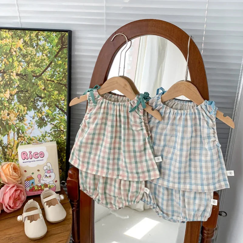 Conjunto Infantil de Verão Xadrez Rosa para Bebês Meninas Lenogue