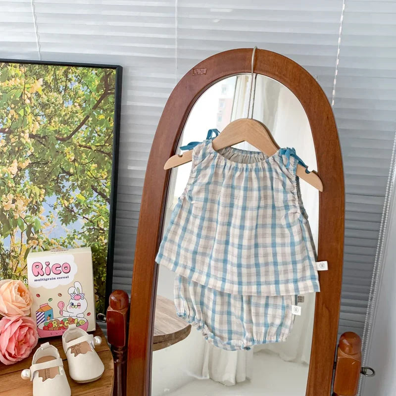 Conjunto Infantil de Verão Xadrez Rosa para Bebês Meninas Lenogue Azul / 0-3 Meses (66 Cm)
