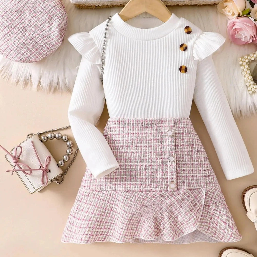 Conjunto Infantil Feminino Camiseta Manga Longa Saia Malha Lenogue Branco e Rosa / 3-4 Anos