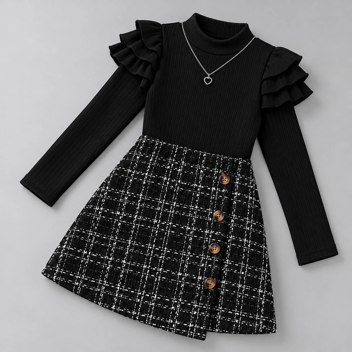 Conjunto Infantil Feminino Gola Alta Manga Longa Saia Xadrez Lenogue