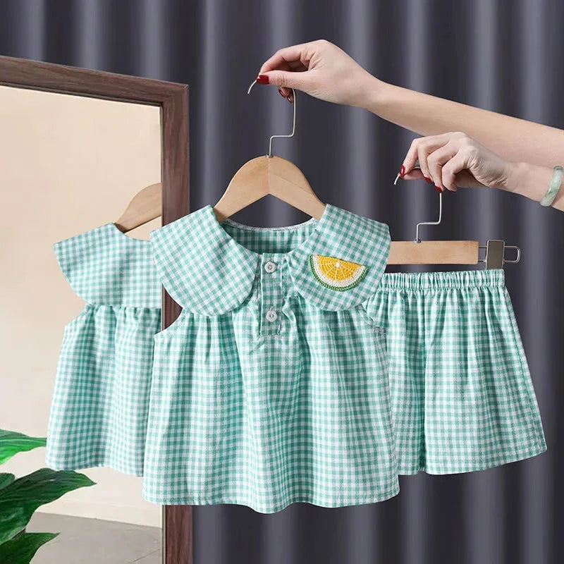 Conjunto Infantil Feminino Maya Xadrez com Bordado Lenogue para o Verão Verde Xadrez / 12 Meses (80cm)