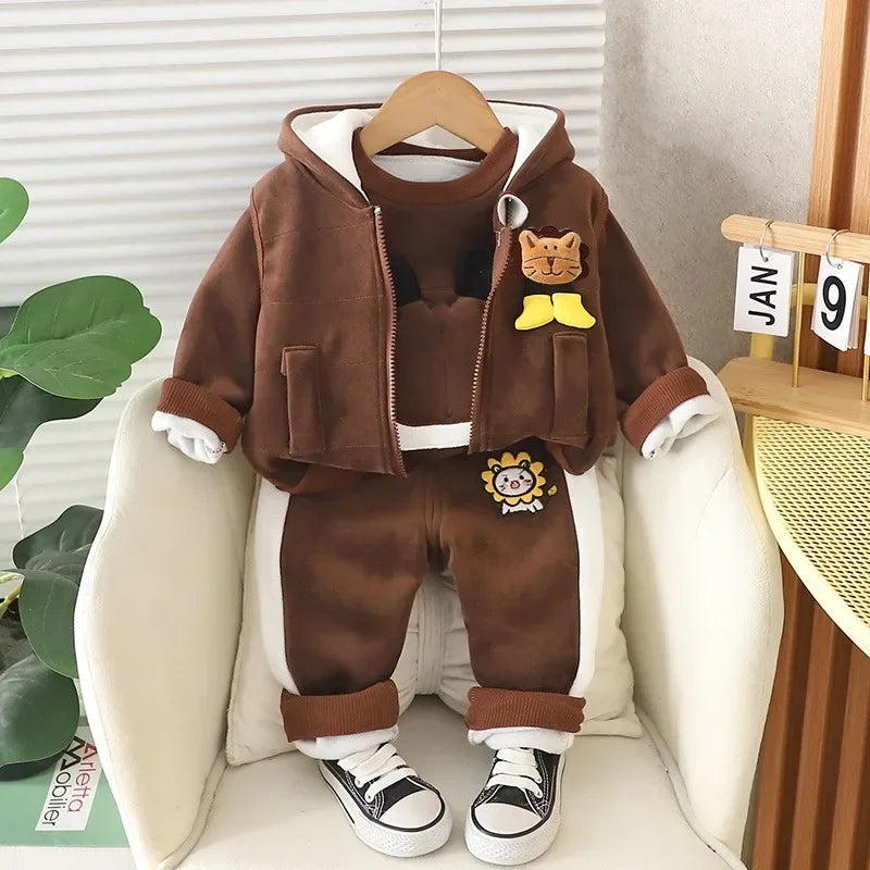 Conjunto Infantil Fleece Capuz Leão Cartoon Intrépide Lenogue Marrom / 6-12 Meses