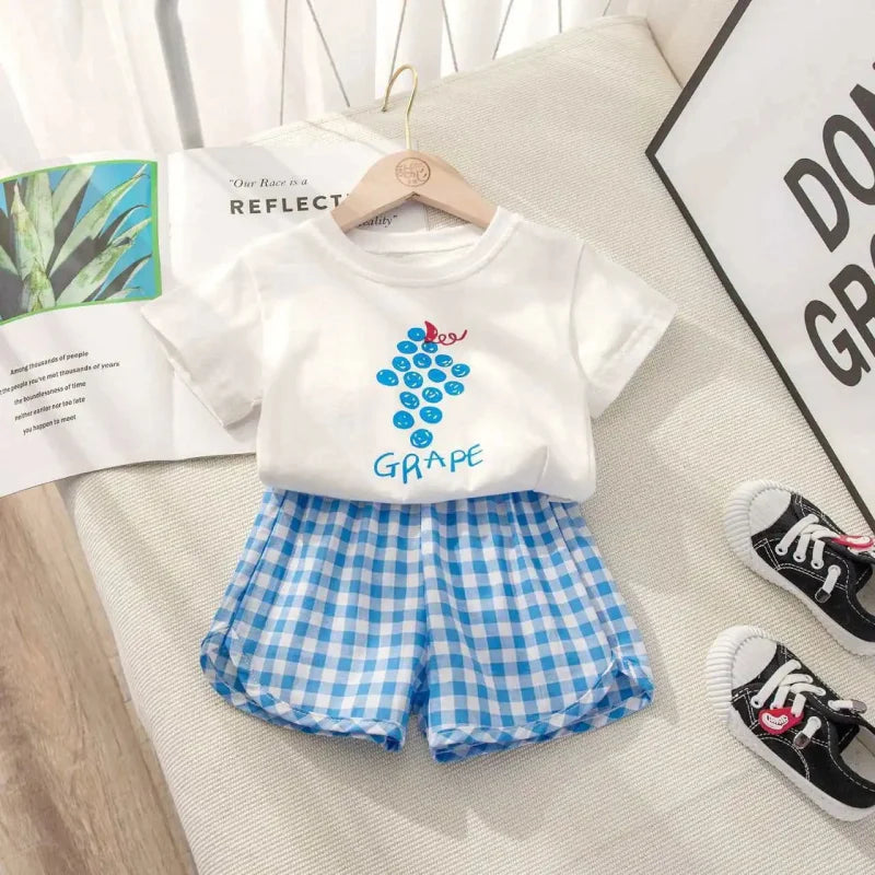 Conjunto Infantil Fruits Xadrez Tshirt Vermelho Lenogue Azul / 9-12 Meses (80cm)