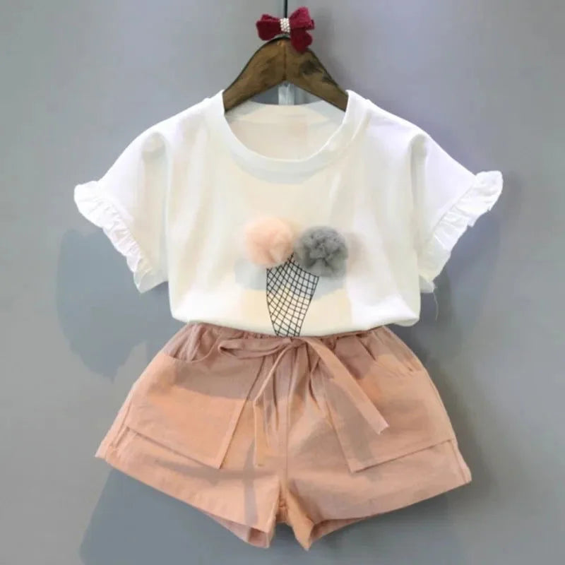 Conjunto Infantil Ice Cream Lenogue Estilo Casual para Verão Branco & Rosa / 1-2