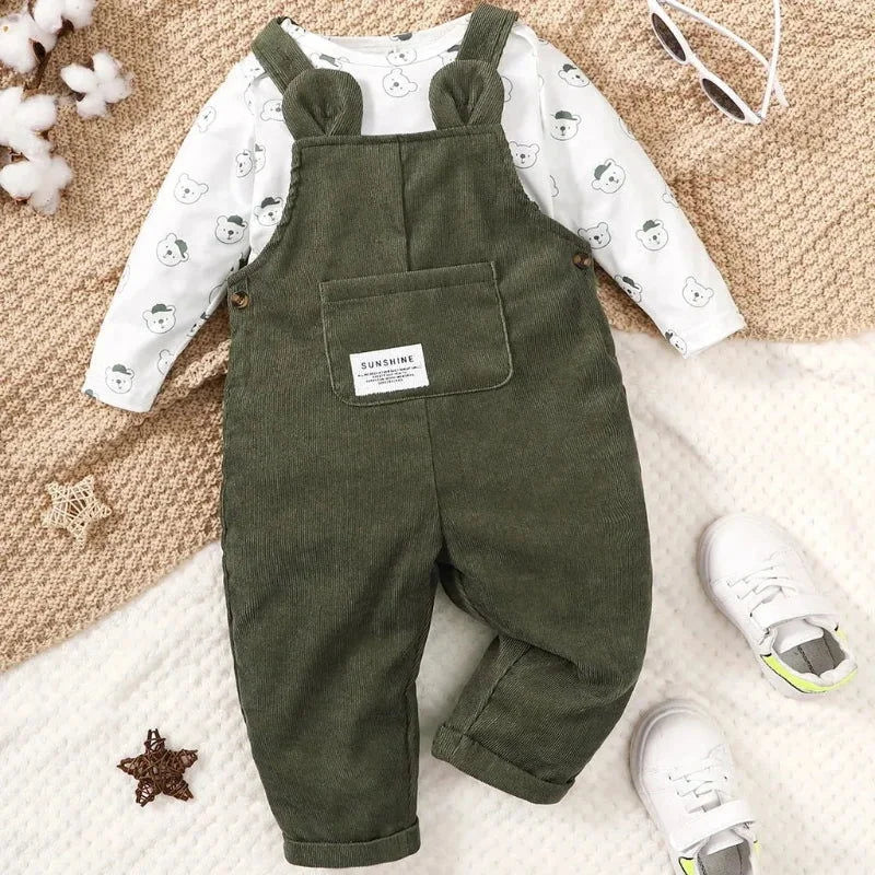 Conjunto Infantil Jardineira e Body Sunshine Lenogue para Bebês 3-6 Meses