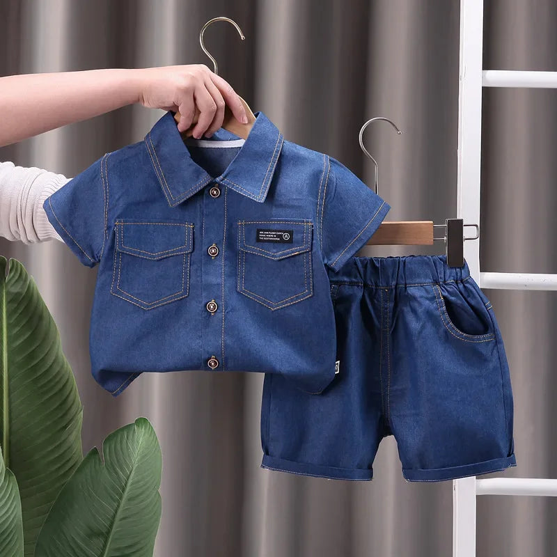 Conjunto Infantil Jeans Camisa Manga Curta e Calça Lenogue Azul Escuro / 6-12 Meses