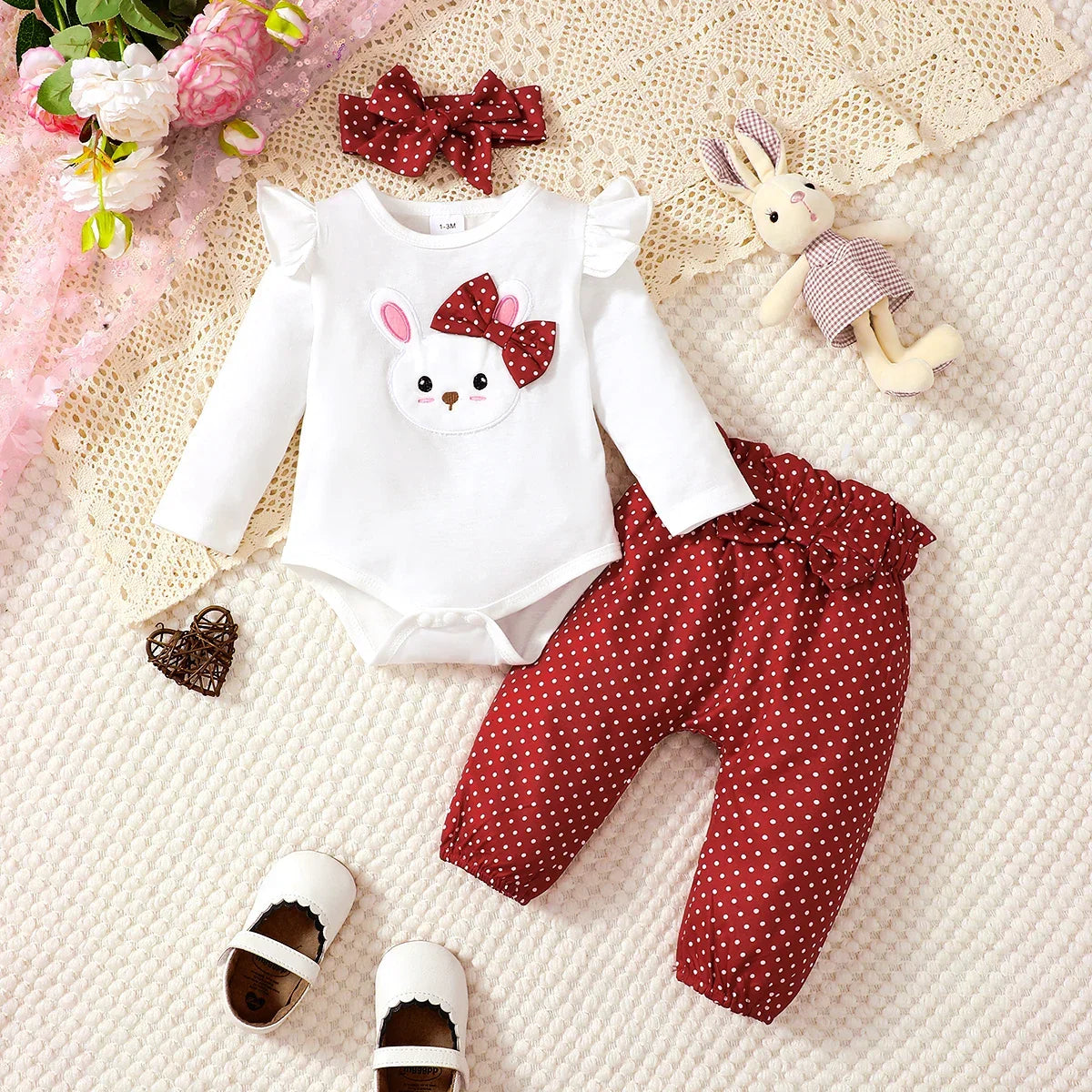 Conjunto Infantil Manga Longa Coelhinho Poá Tiara Belle Lenogue Vermelho / 0-3 Meses