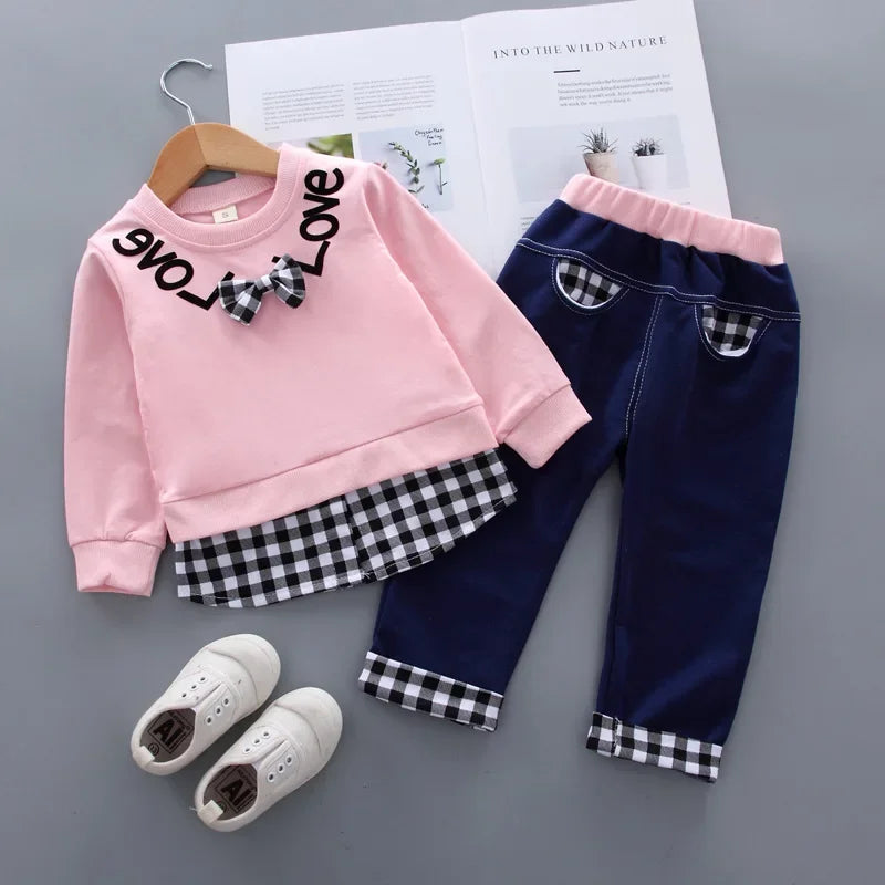 Conjunto Infantil Manga Longa Xadrez Laço Calça Tendance Lenogue