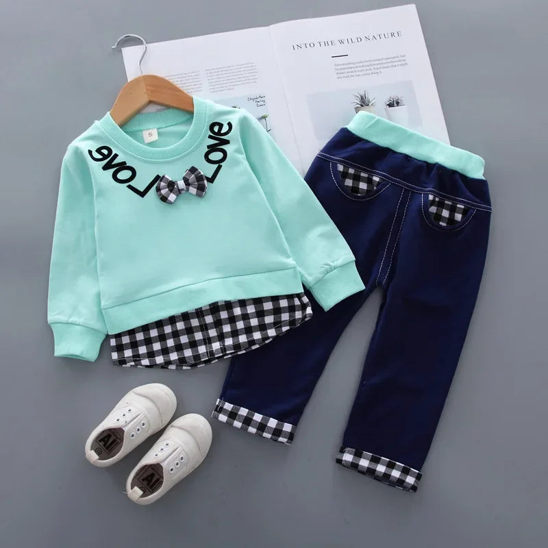 Conjunto Infantil Manga Longa Xadrez Laço Calça Tendance Lenogue
