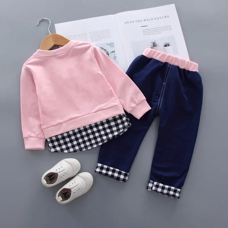 Conjunto Infantil Manga Longa Xadrez Laço Calça Tendance Lenogue