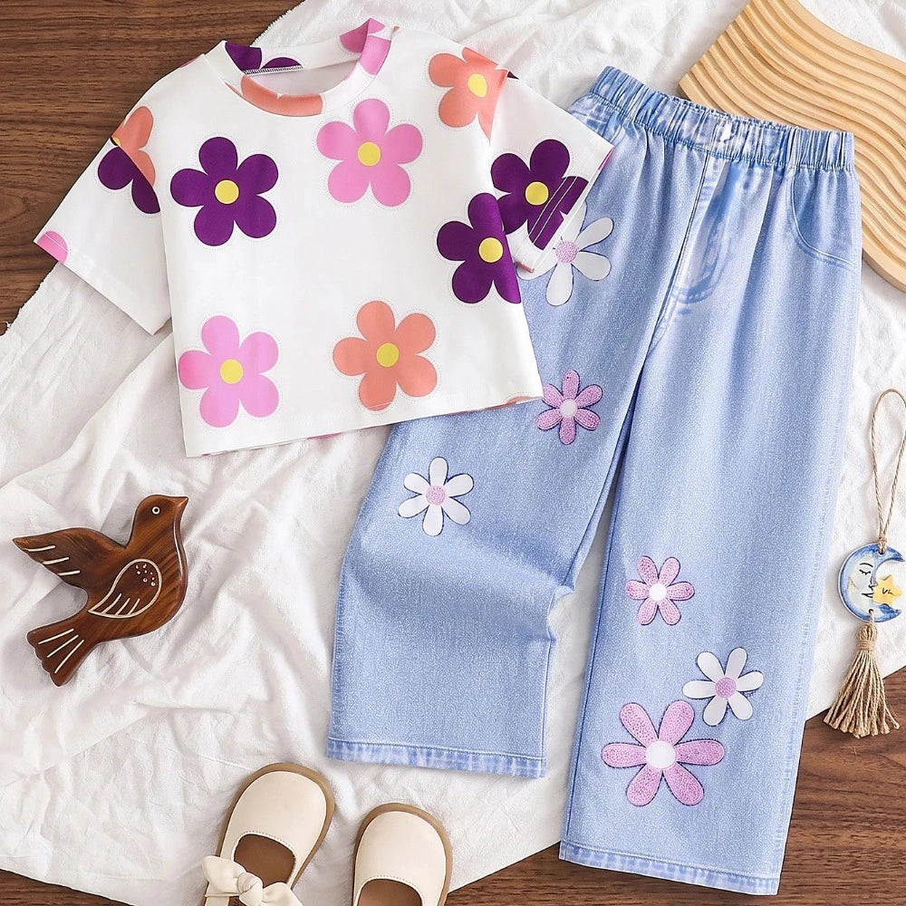 Conjunto Infantil Menina Verão Floral Manga Curta Câlin Lenogue