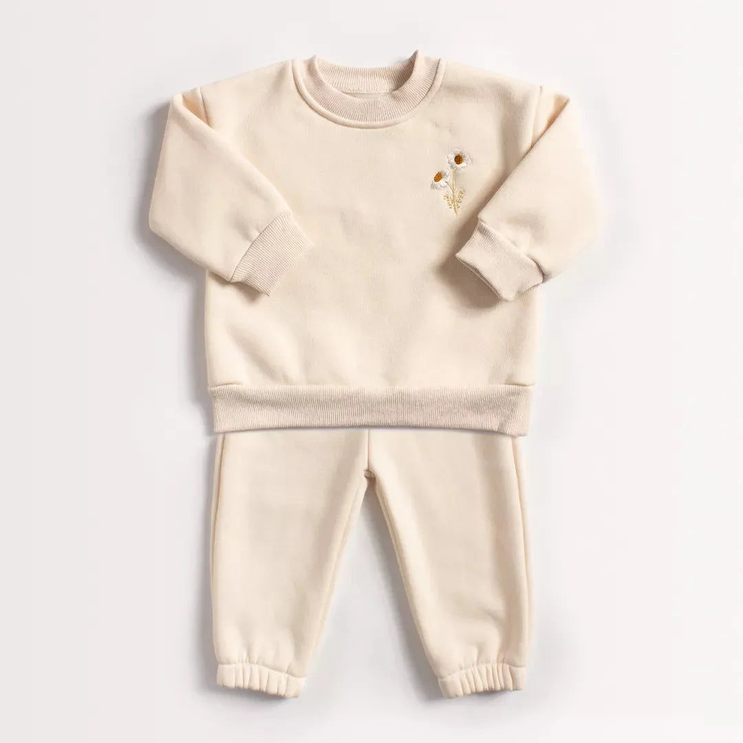 Conjunto Infantil Moletom Bordado de Flores Lenogue Bege / 3-6 Meses