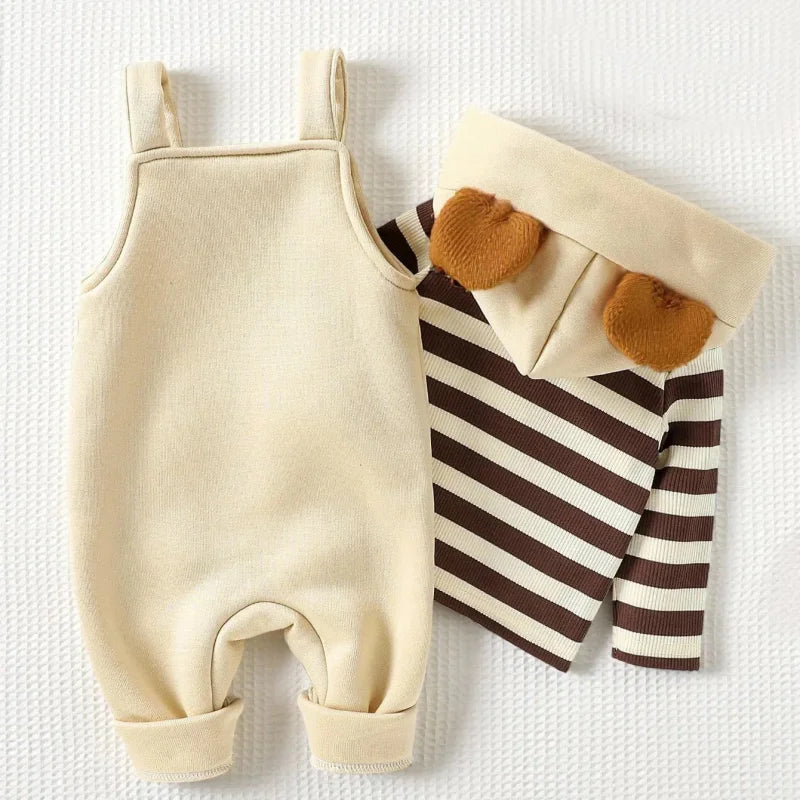 Conjunto Infantil Moletom Listrado com Capuz e Jardineira Urso Lenogue