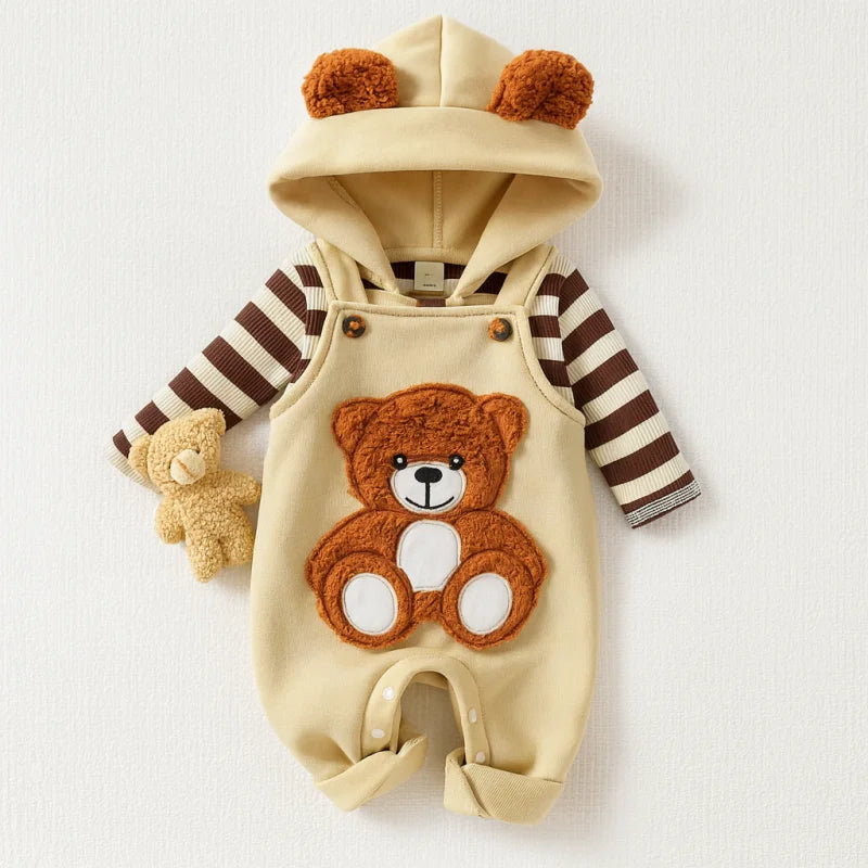 Conjunto Infantil Moletom Listrado com Capuz e Jardineira Urso Lenogue