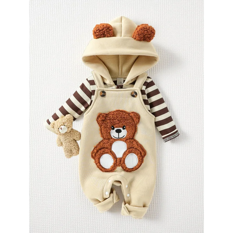 Conjunto Infantil Moletom Listrado com Capuz e Jardineira Urso Lenogue