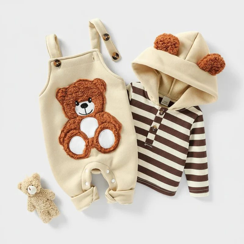 Conjunto Infantil Moletom Listrado com Capuz e Jardineira Urso Lenogue Bege / 0-3 Meses