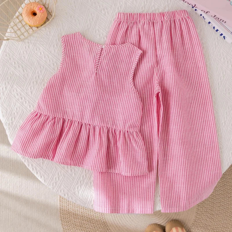 Conjunto Infantil Rosa com Listras Regata Laços e Calça Lenogue