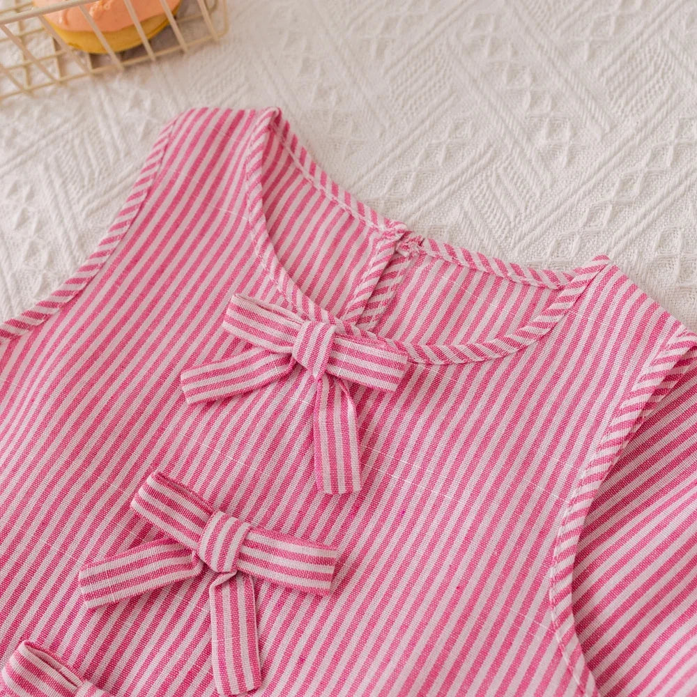 Conjunto Infantil Rosa com Listras Regata Laços e Calça Lenogue