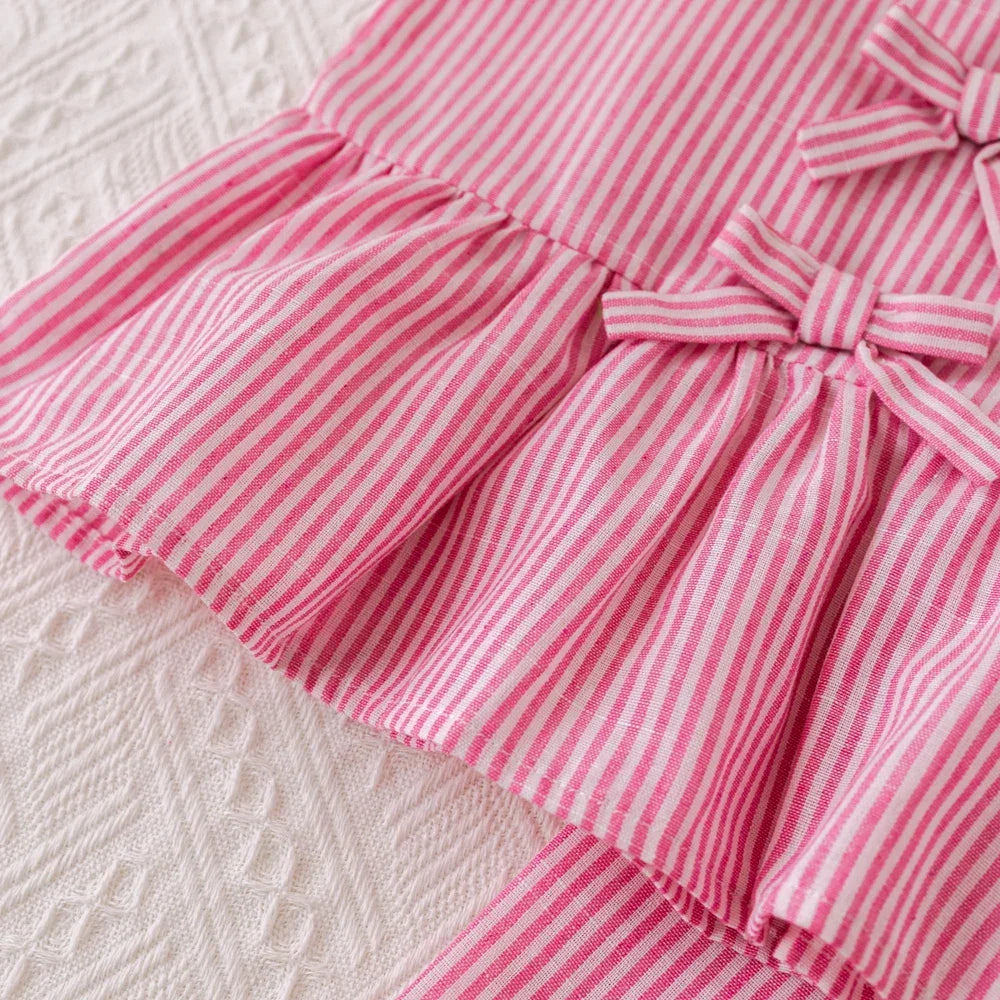 Conjunto Infantil Rosa com Listras Regata Laços e Calça Lenogue