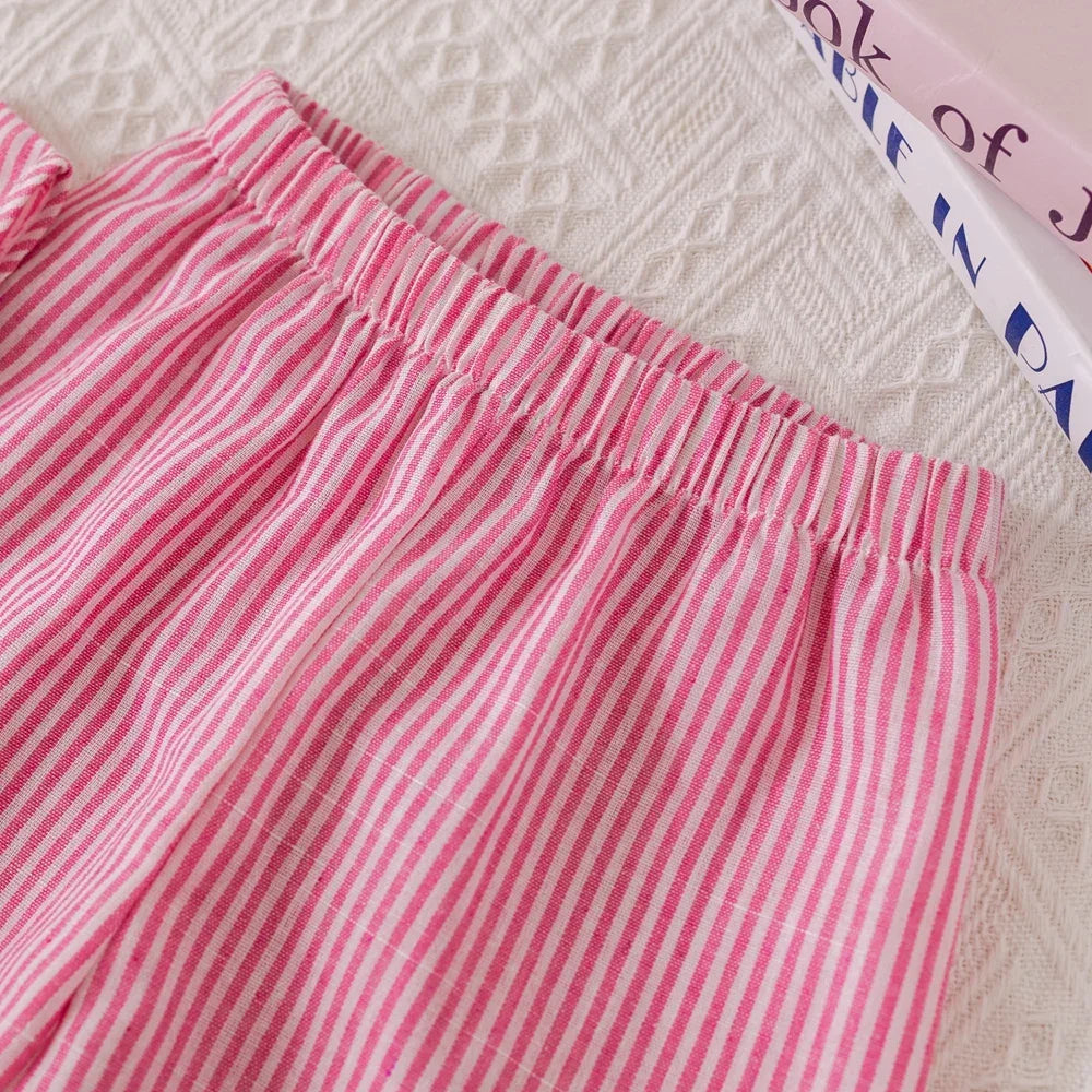Conjunto Infantil Rosa com Listras Regata Laços e Calça Lenogue