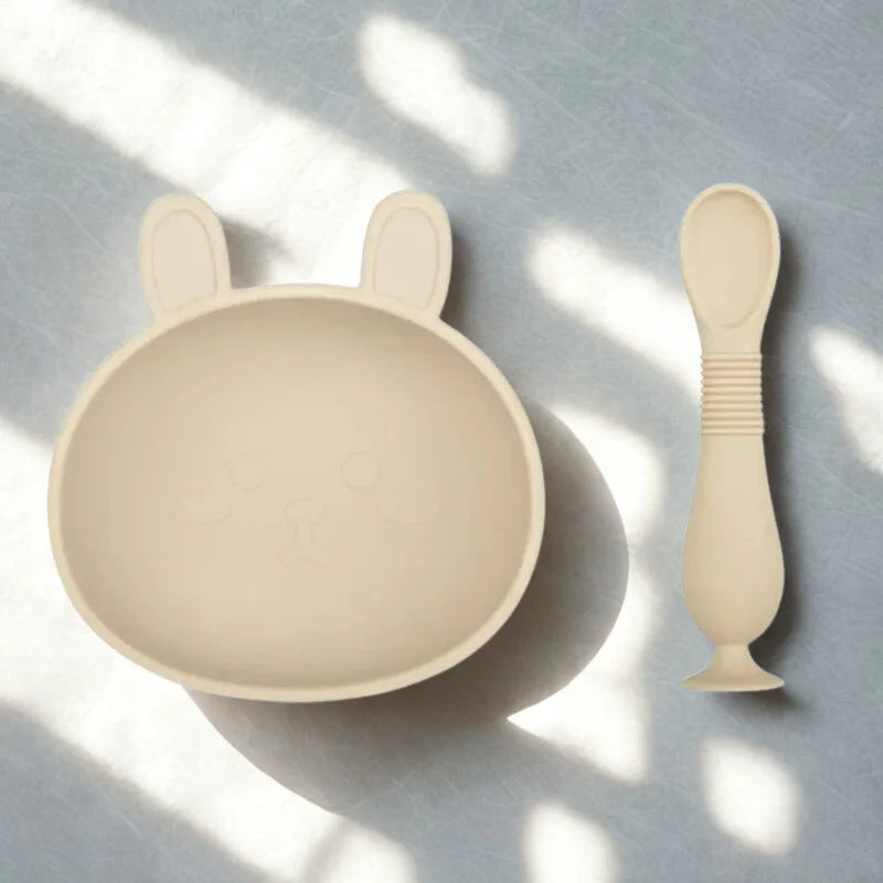 Conjunto Infantil Silicone Tigela e Colher Lenogue Bege
