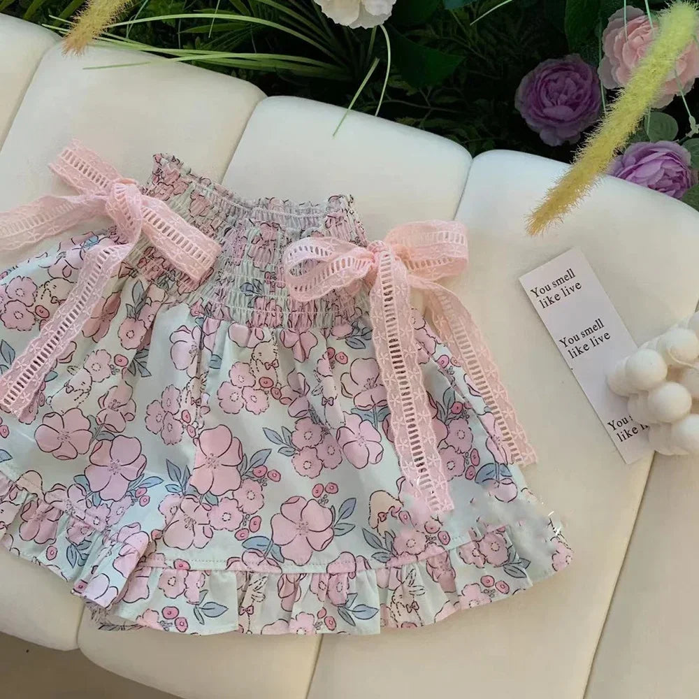 Conjunto Infantil Top de Renda sem Manga Short Floral Lenogue