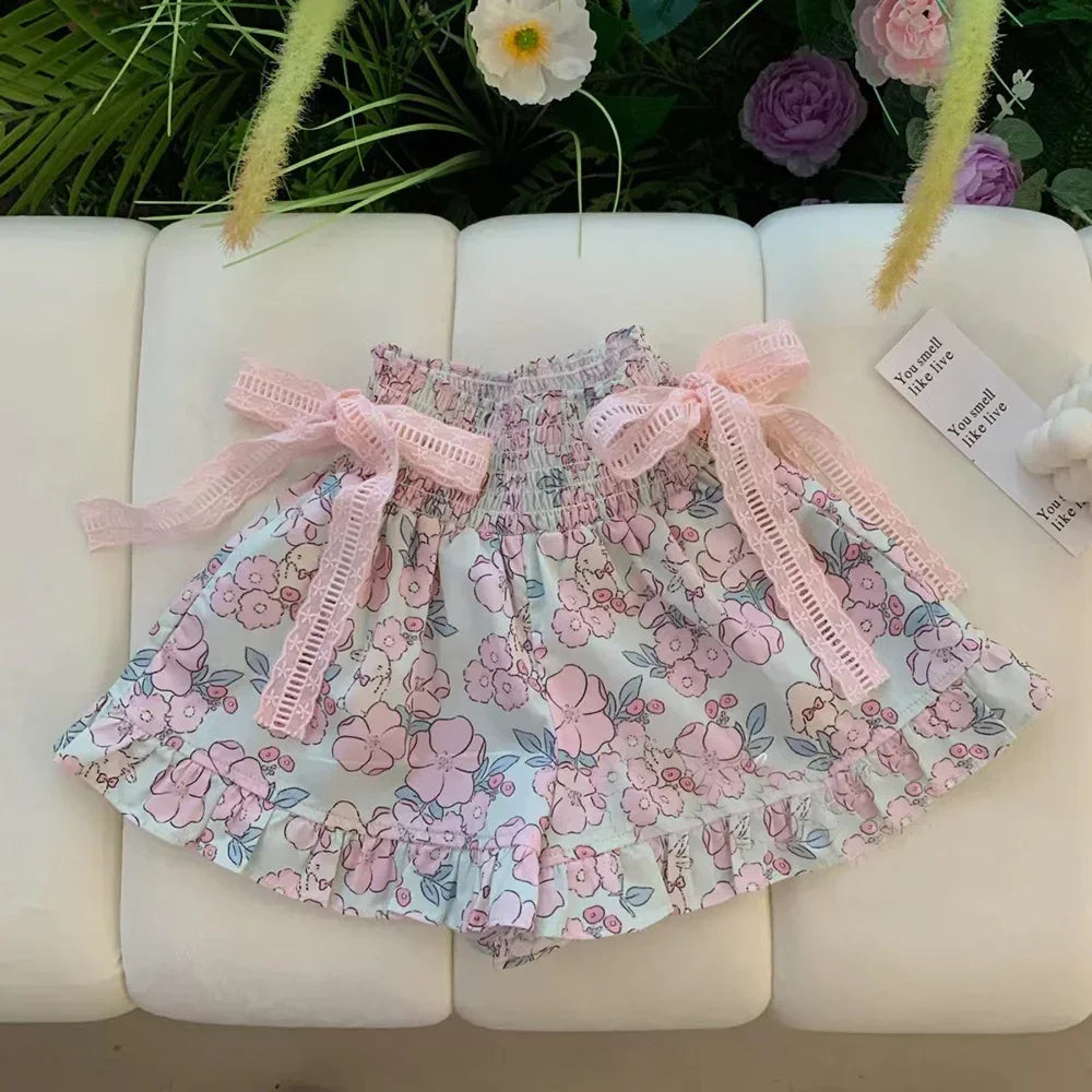 Conjunto Infantil Top de Renda sem Manga Short Floral Lenogue