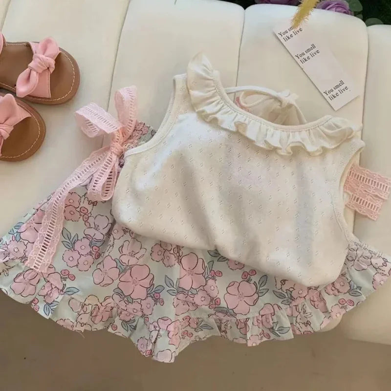 Conjunto Infantil Top de Renda sem Manga Short Floral Lenogue Branco e Rosa / 18-24 Meses