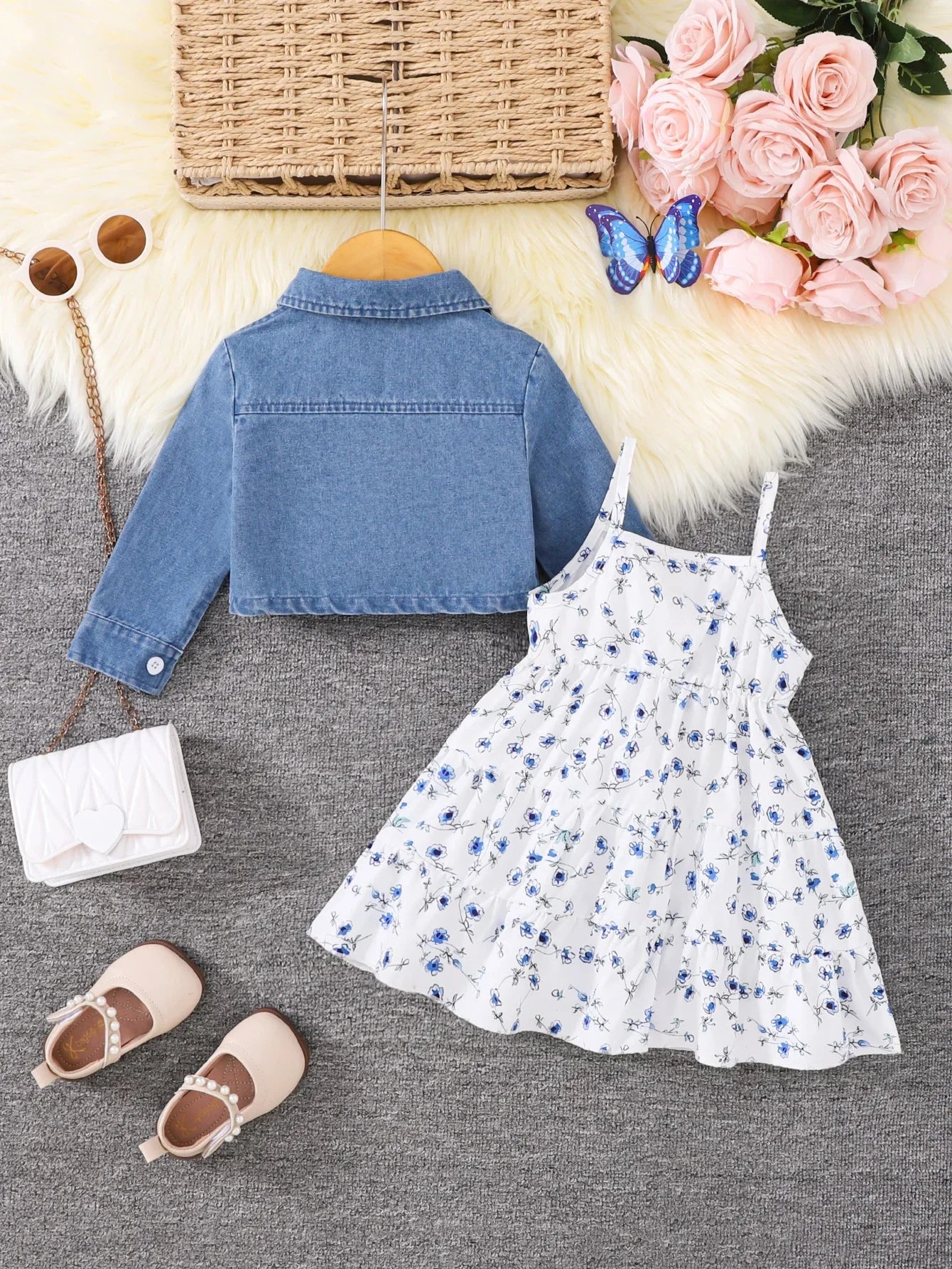 Conjunto Infantil Vestido Floral com Jaqueta Jeans Manga Longa Lenogue