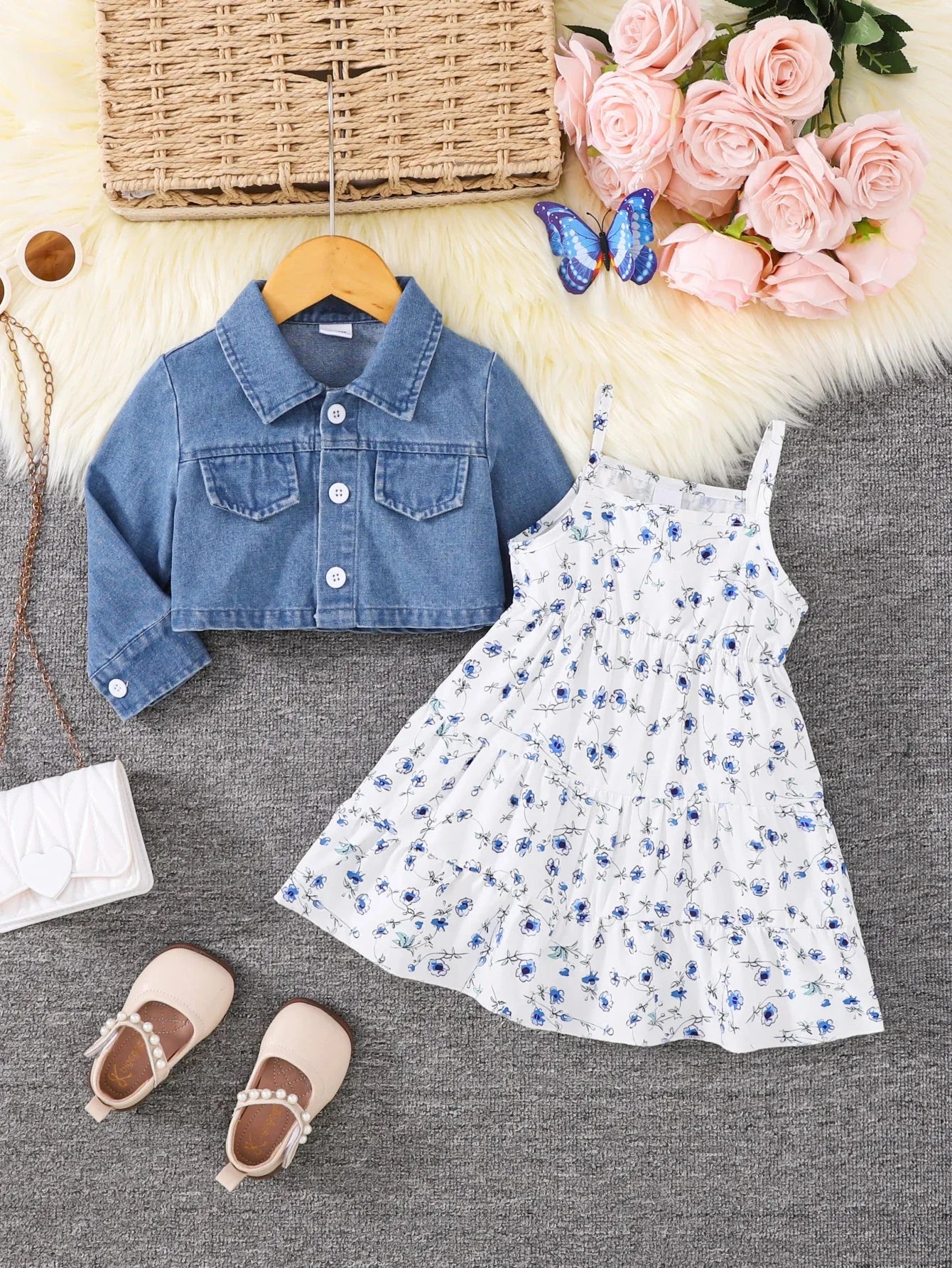 Conjunto Infantil Vestido Floral com Jaqueta Jeans Manga Longa Lenogue