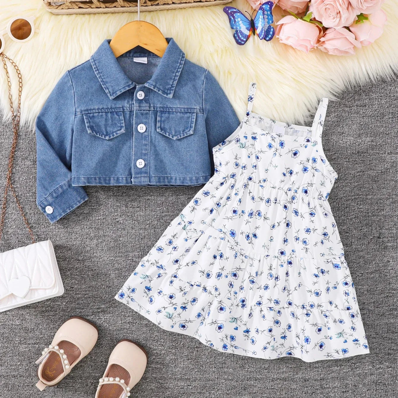 Conjunto Infantil Vestido Floral com Jaqueta Jeans Manga Longa Lenogue Azul e Branco / 6-12 Meses