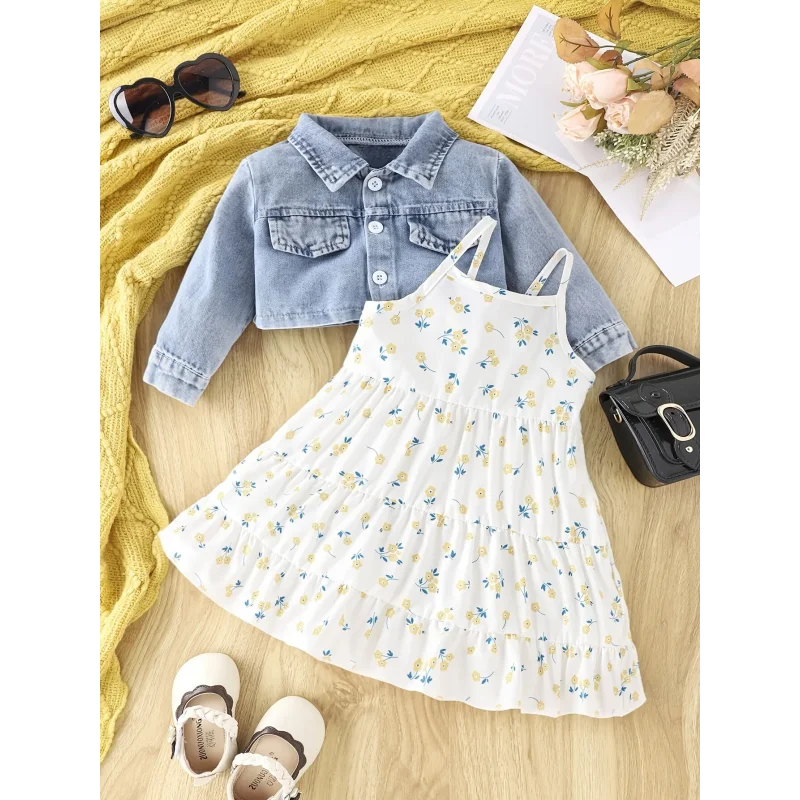 Conjunto Infantil Vestido Floral com Jaqueta Jeans Manga Longa Lenogue Flores Amarelas / 6-12 Meses