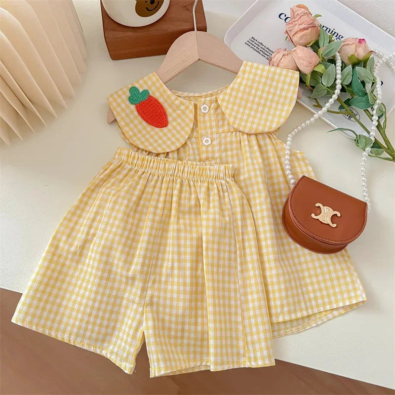 Conjunto Infantil Xadrez com Bordado Amarelo Lenogue