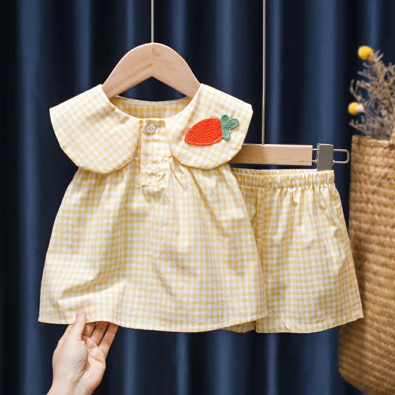 Conjunto Infantil Xadrez com Bordado Verde para Verão Lenogue
