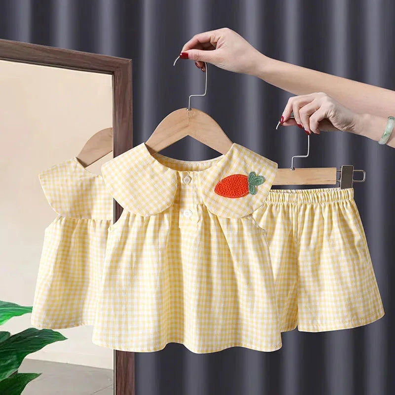 Conjunto Infantil Xadrez com Bordado Verde para Verão Lenogue Amarelo Xadrez / 12 Meses (80cm)