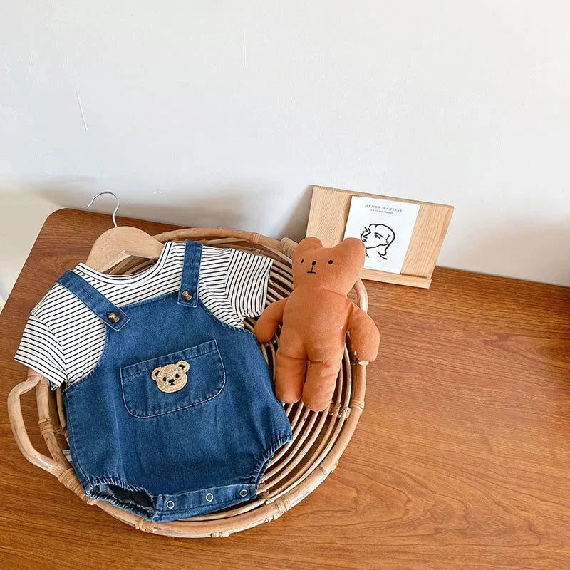 Conjunto Luxuoso Bear para Crianças com Bear Romper e Tshirt Marrom
