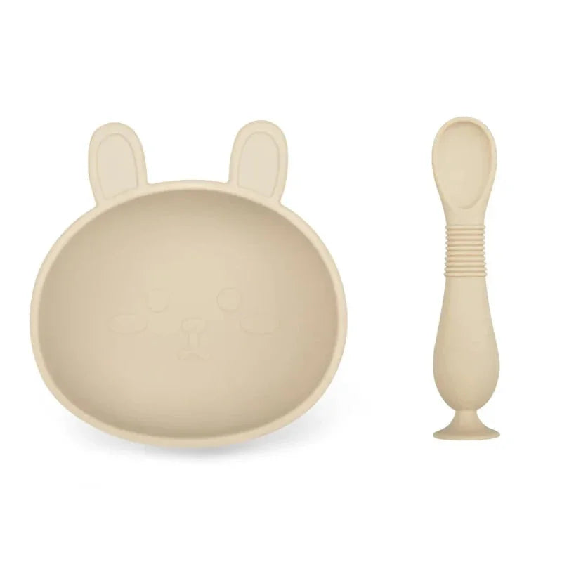 Conjunto Infantil Silicone Tigela e Colher Verde Lenogue Conjunto Bege