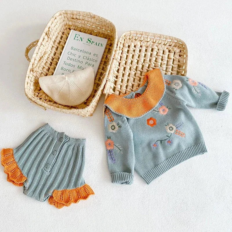 Conjunto Refinado Tricot Joana Rosa para Meninas Elegantes Cinza & Laranja / 3 Meses (66cm)