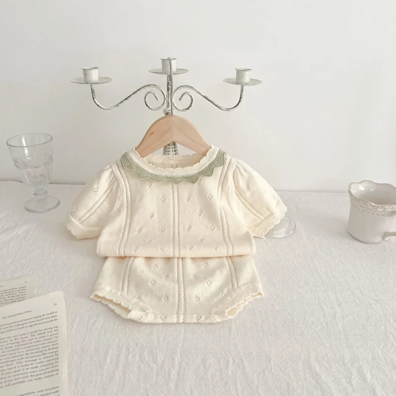 Conjunto Refinado Tricot Marshmallow Blusa e Short Lenogue Bege / 6 Meses