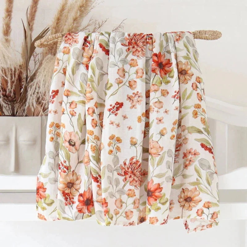 Cueiro Infantil Muslin Algodão e Bambu Branco Lenogue Folha Romã / 60x60cm