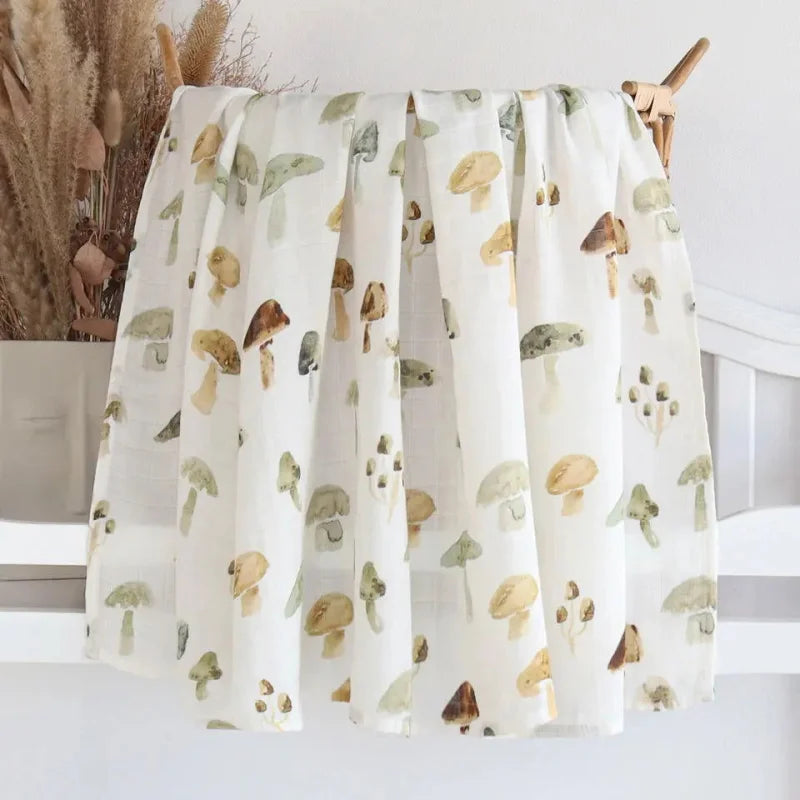 Cueiro Infantil Muslin Algodão e Bambu Branco Lenogue Cogumelos / 60x60cm