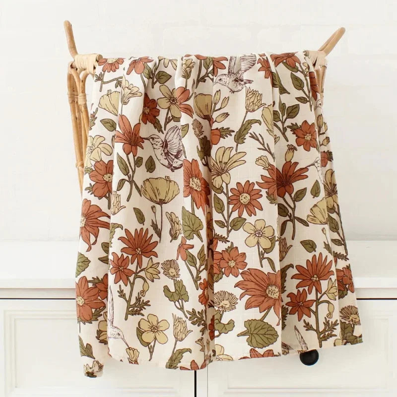 Cueiro Infantil Muslin Algodão e Bambu Branco Lenogue Flores / 60x60cm