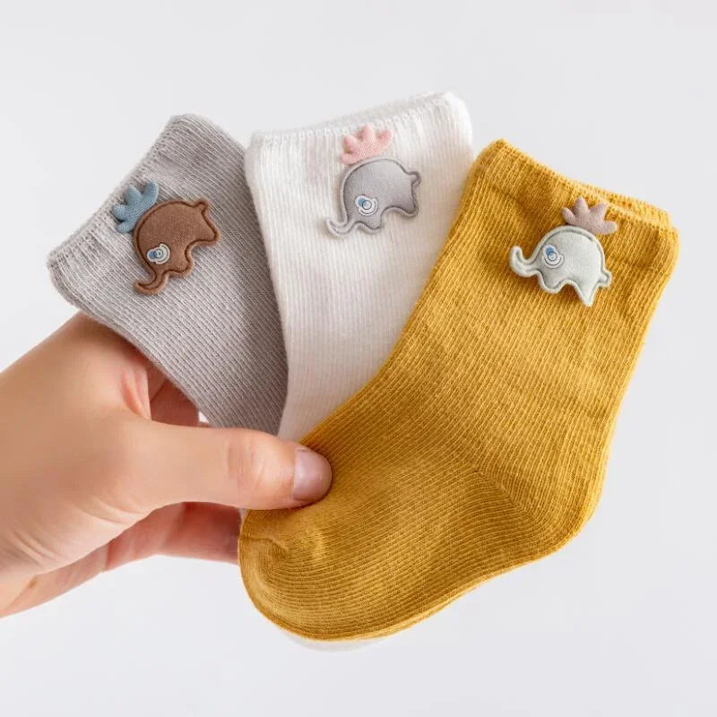 Kit com 3 Pares de Meias de Algodão Cartoon para Bebês Lenogue Elefante / 0-6 Meses (7-9 cm)