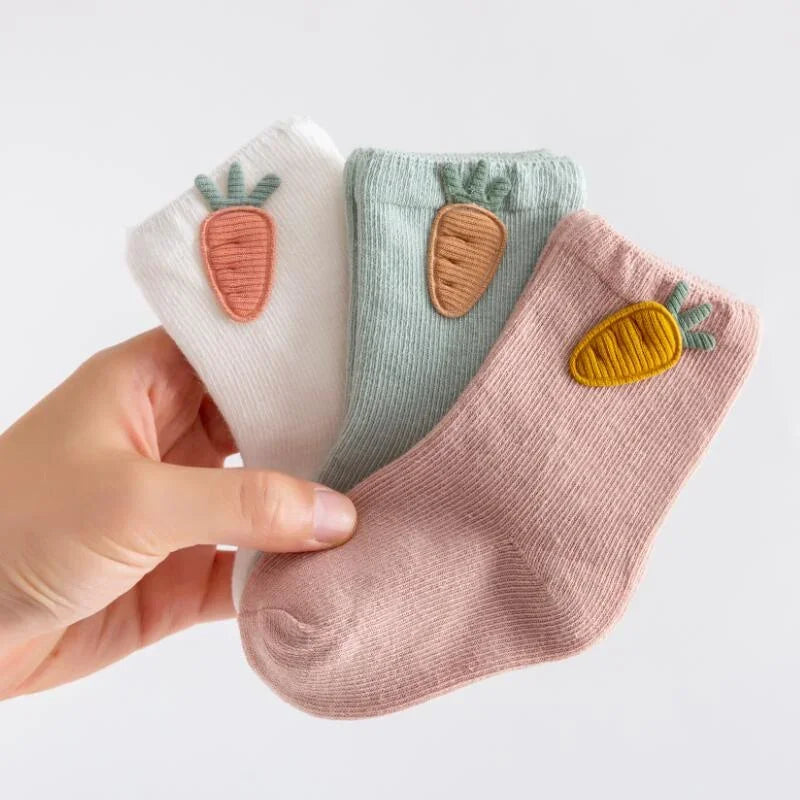 Kit 3 Pares Meias Infantil Algodão Cartoon Lenogue Cenoura / 0-6 Meses (7-9 Cm)