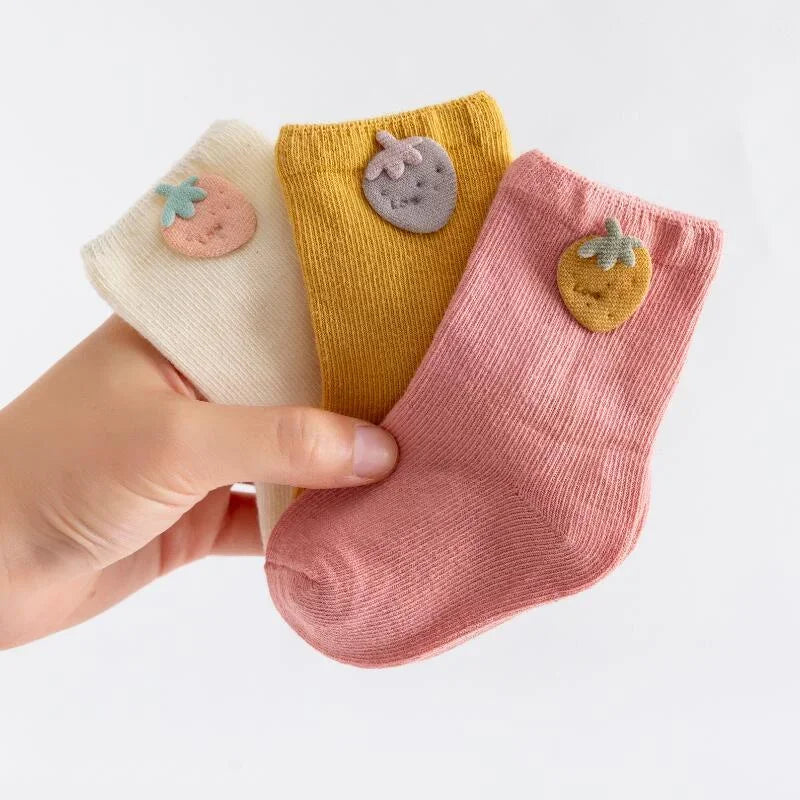 Kit 3 Pares Meias Infantil Algodão Cartoon Lenogue Morango / 0-6 Meses (7-9 Cm)