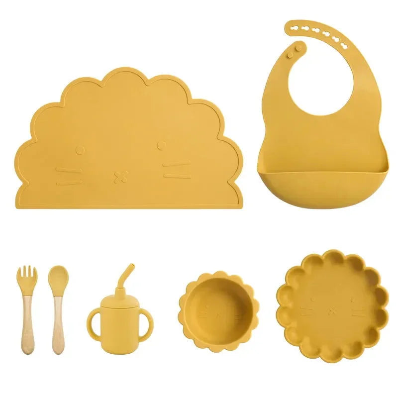 Kit Infantil Alimentação Silicone 7 Peças Azul Lenogue Amarelo