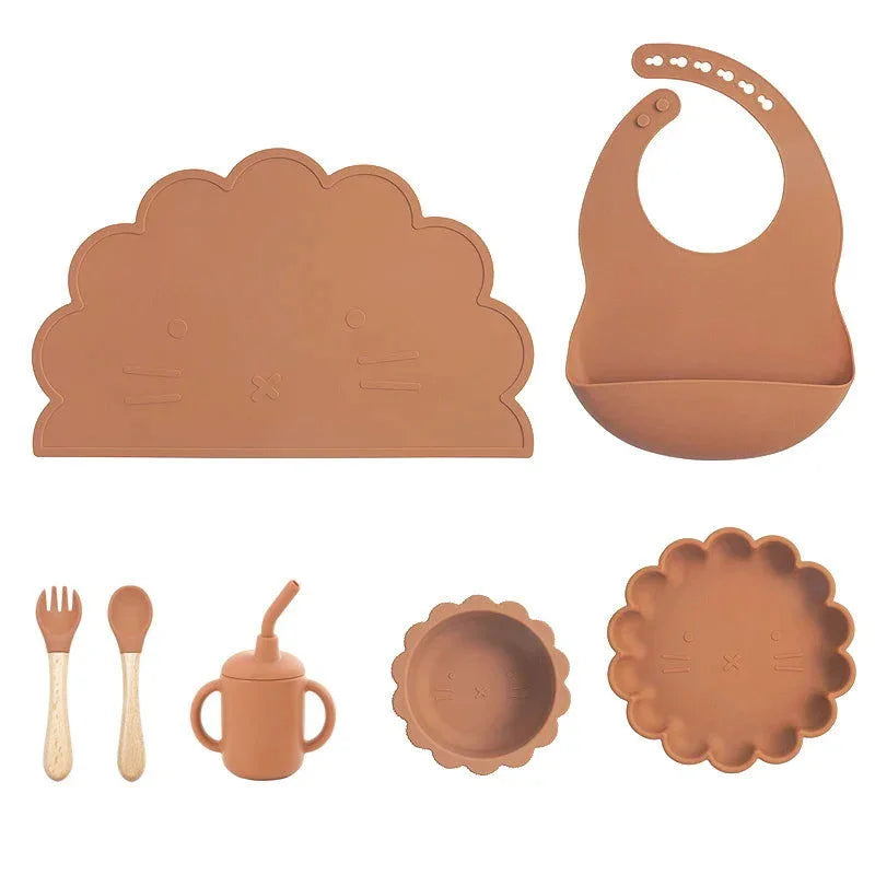 Kit Infantil Alimentação Silicone 7 Peças Azul Lenogue Marrom