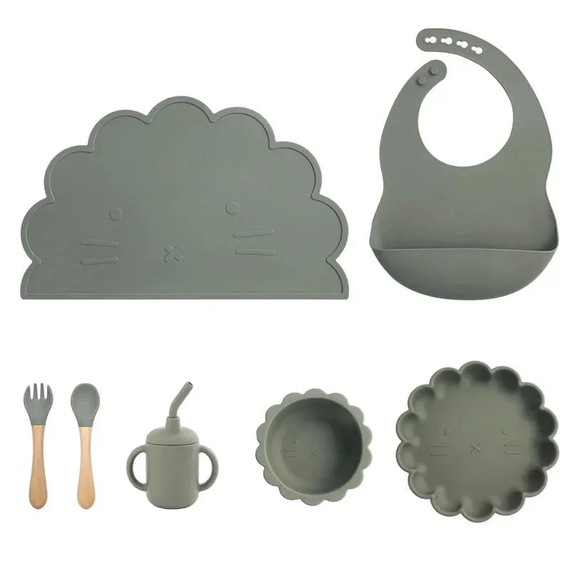 Kit Infantil Alimentação Silicone 7 Peças Azul Lenogue Verde