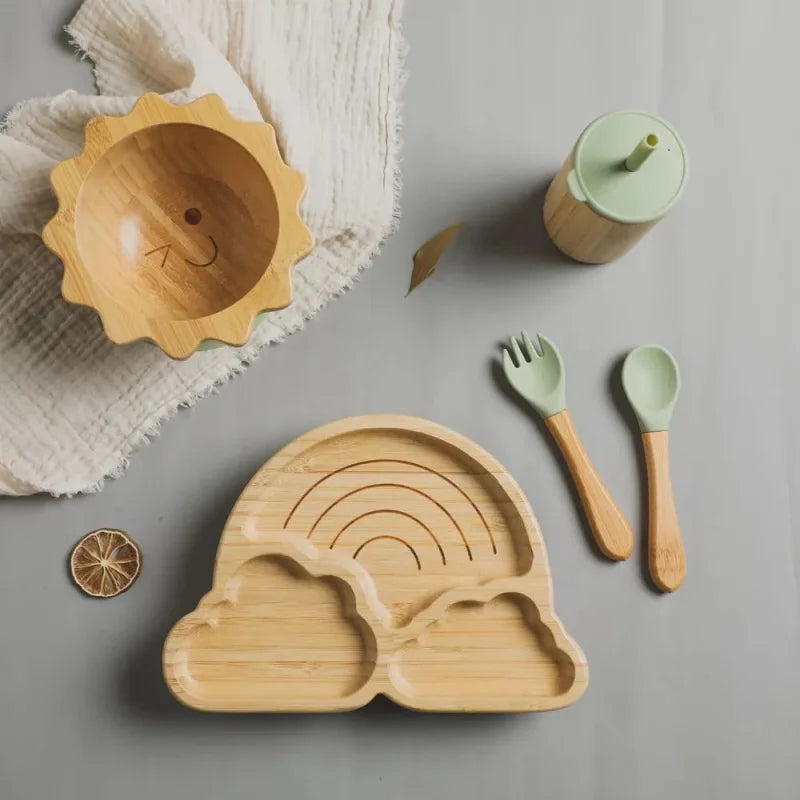Kit Infantil Introdução Alimentar de Madeira Lenogue Verde - 5 Peças