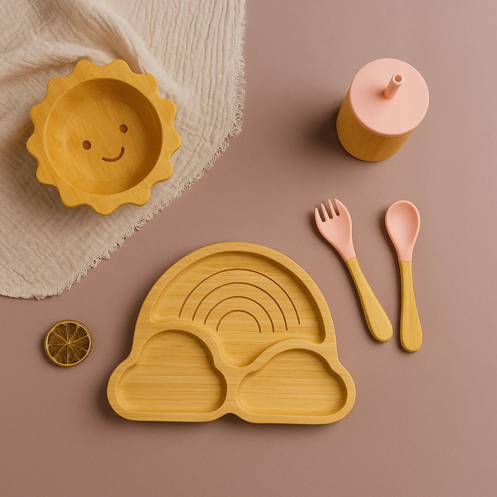 Kit Infantil Introdução Alimentar de Madeira Lenogue Rosa - 5 Peças